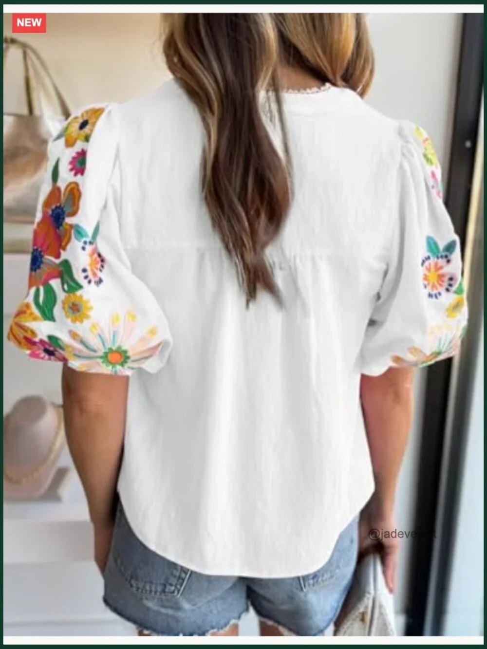 Boho Embroidered V Neck Tunic with Puff Sleeves